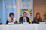 Conf oms - From left to right:  Dr. Zsuzsanna Jakab, Regional Director of WHO Europe;  Stéphane Valeri, Minister of Health and Social Affairs and Geneviève Berti, Director of Communication ©Government Communication Department/Charly Gallo
