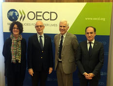 Dépôt OCDE - From left to right: Ms Josée Fecteau, Deputy Director of Legal Affairs, OECD; H.E Mr Serge Telle, Minister of State; Mr Nicola Bonucci, Director of Legal Affairs, OECD; Mr Jean Castellini, Minister of Finance and Economy