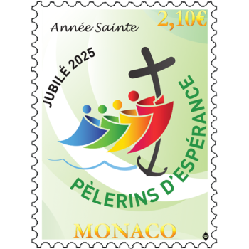 The Ambassador of the Principality of Monaco to the Holy See presents a Monegasque postage stamp bearing the logo of the “Pilgrims of Hope” 2025 Jubilee to His Holiness Pope Francis