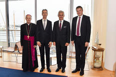 Accréditations Ambassadeurs 10-09-2019 - From left to right: H.E. Mgr Antonio Arcari, Apostolic Nuncio; Gilles Tonelli, Minister of Foreign Affairs and Cooperation; H.E. Mr Michael Linhart, Ambassador Extraordinary and Plenipotentiary of the Republic of Austria, and H.E. Mr Michael Starbaek Christensen, Ambassador Extraordinary and Plenipotentiary of Denmark  © Government Communication Department/Manuel Vitali 