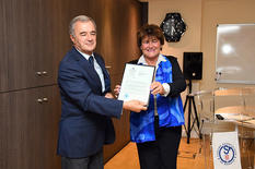 CSM OMS - Ms Zsuzanna Jakab, the WHO's Regional Director for Europe, presenting the official declaration to Professor Patrick Rampal, President of the Board of Directors of the Scientific Centre. © - Government Communication Department / Manuel Vitali