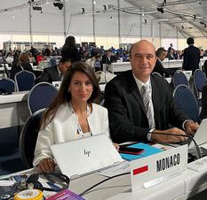 Délégation de Monaco à la Conférence de Plénipotentiaires de 2022 de l'ITU ©DR - M. Christophe PIERRE, Directeur des Plateformes et des Ressources Numériques et Mme Mariam TAVASSOLI ZEA, Deuxième Secrétaire à la Mission Permanente de Monaco auprès de l’Office des Nations Unies à Genève.