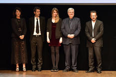 Voir la photo - Photo Caption:From left to right:  Zabou Breitman, winner of the High School Students' Favourite Choice, Gilles Marchand, Blandine Rinkel, winner of the Discovery Grant, Michel Tremblay, winner of the Literary Prize and Admir Shkurtaj, winner of the Young Music Fans' Favourite Choice © Government Communication Department/Charly Gallo  