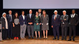 FPP 2016 Prizewinners - H.S.H. Prince Albert II and H.R.H. the Princess of Hanover surrounded by, from left to right: ADONIS, Frédéric Mitterand, Rosa Barba, Paul Greveillac, Catherine Dousteyssier-Khoze, Johannes-Maria Staud, Jean-Loup Dabadie, Frédéric Vitoux and Dany Lafferrière. © Government Communication Department / Charly Gallo